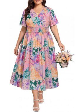 Plus Size Floral Maxi Dress for Curvy Women | V Neck Short Sleeve Boho Beach